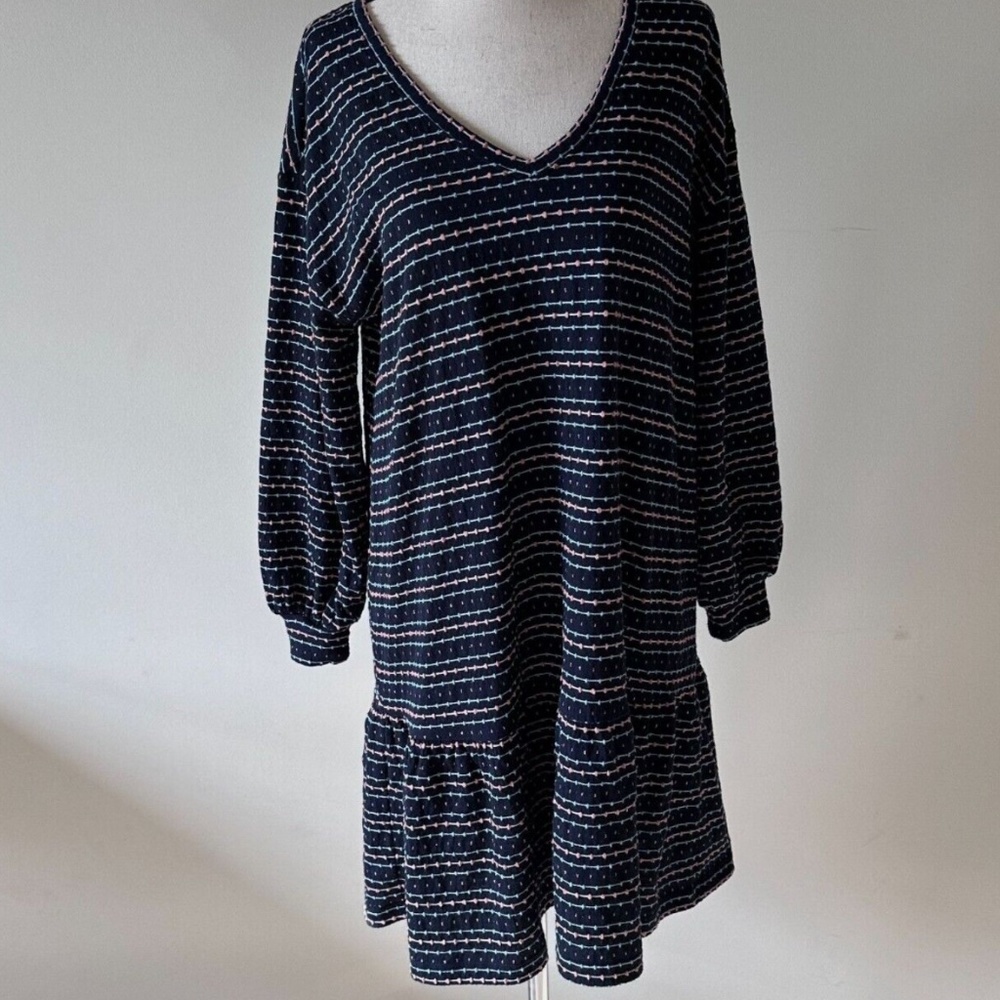 Loft V-Neck Drop Waist Striped Dotted Balloon Long Sleeve Dress Size XXS w/ belt